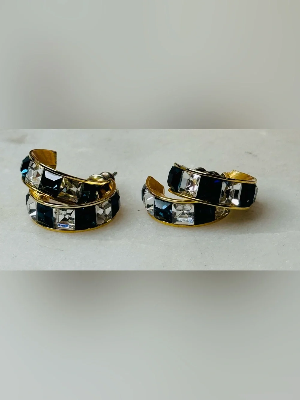Gold-Tone Blue & Clear Crystal Double Hoop Earrings - Picture 5 of 7